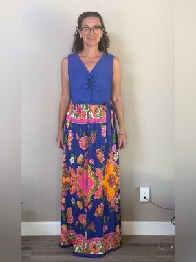 VTG 60s 70s Royal Blue Floral psychedelic   Floral Keyhole sleeveless Maxidress